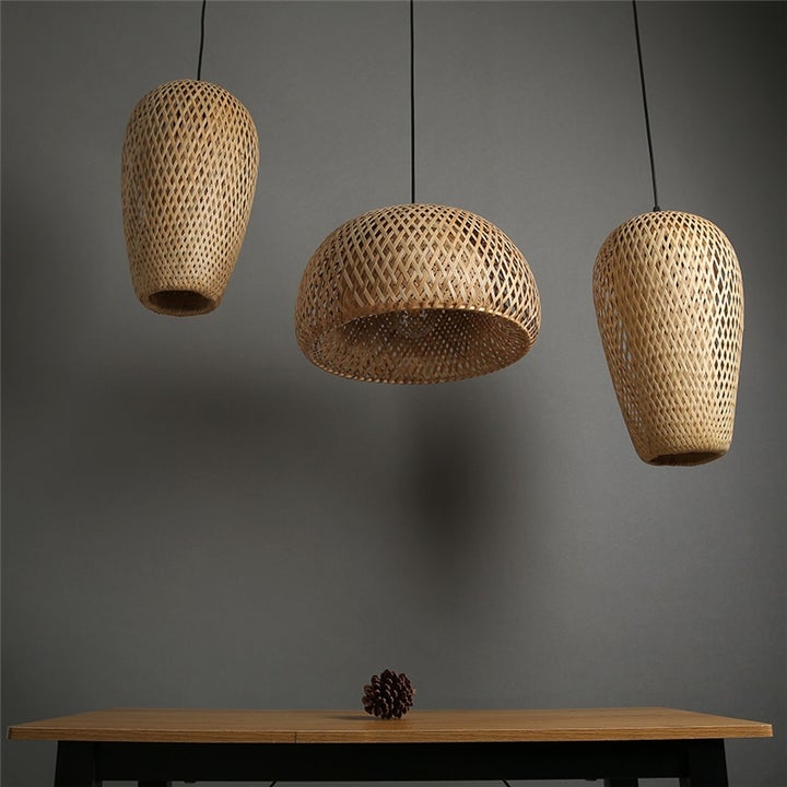 Handwoven Bamboo Pendant Light Set with Mixed Shapes - Image 3