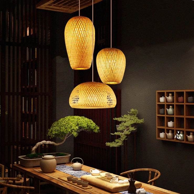 Handwoven Bamboo Pendant Light Set with Mixed Shapes - Image 2