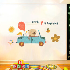 Kids Bear Car Wall Decal with World Is Amazing Quote