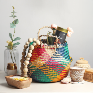 Handwoven Multicolor Seagrass Storage Basket with Handles