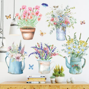 Watercolor Floral Pot Wall Decal Set for Home Decor